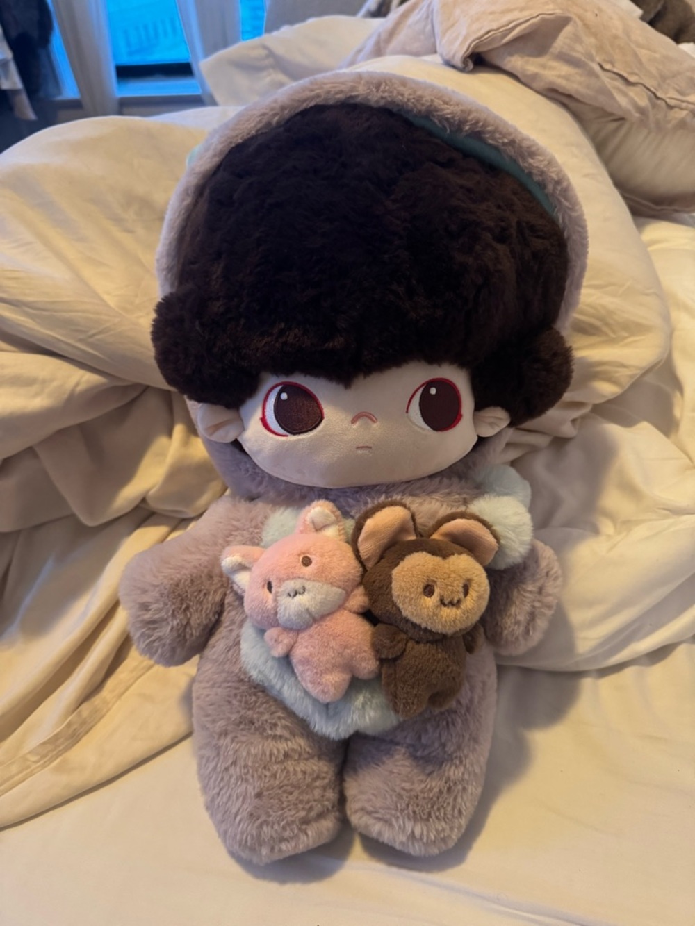 Dimoo Pop Mart Plush Doll with Pink & Brown Animal Pals